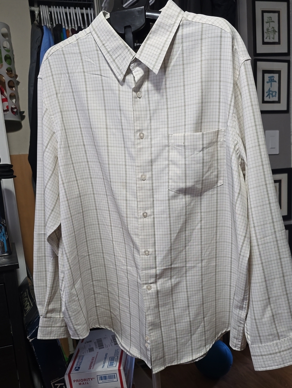 George Men's White Plaid Dress Shirt with Light Gray Lines